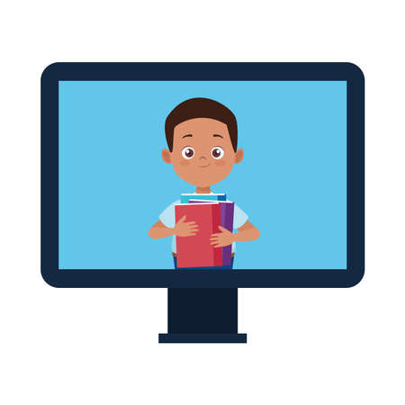 little student afro boy with uniform and books in desktop character vector illustration designのイラスト素材