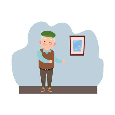 happy old grandfather with beret avatar character vector illustration designのイラスト素材