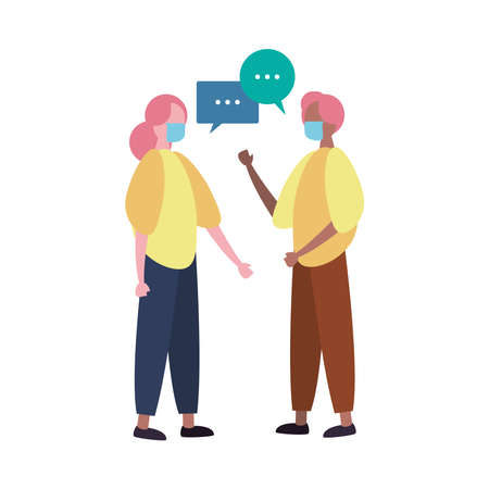 couple talking wearing medical masks characters vector illustration designのイラスト素材