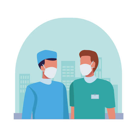 group of doctors wearing medical masks characters vector illustration designのイラスト素材