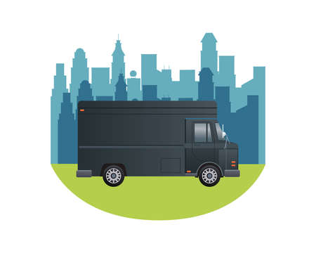 van vehicle branding on the city scene vector illustration designのイラスト素材