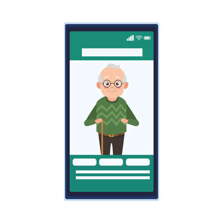 happy old grandfather in smartphone avatar character vector illustration designのイラスト素材