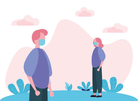 couple using face masks with social distancing for covid19 vector illustration designのイラスト素材