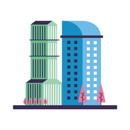 buildings constructions with trees city scene vector illustration designのイラスト素材