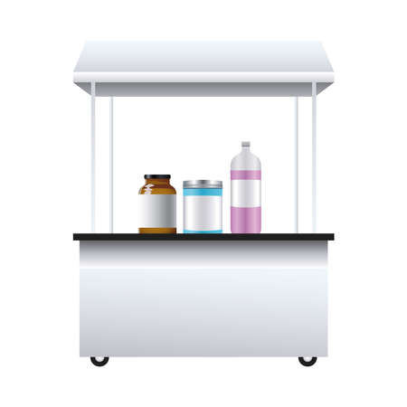 kiosk commercial branding mockup with bottles products vector illustration designのイラスト素材