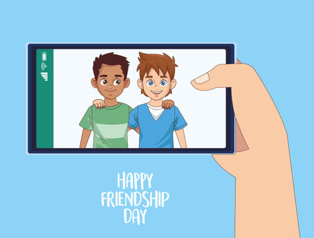 happy friendship day celebration with boys couple in smartphone vector illustration design