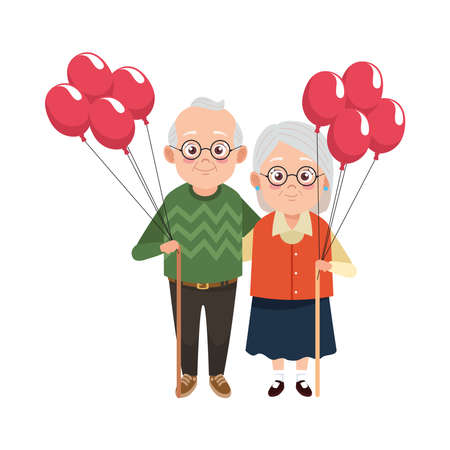 cute happy grandparents couple with balloons helium characters vector illustration designのイラスト素材
