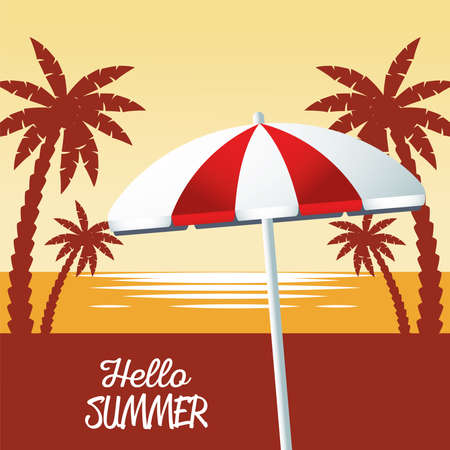 hello summer seasonal scene with umbrella vector illustration designのイラスト素材