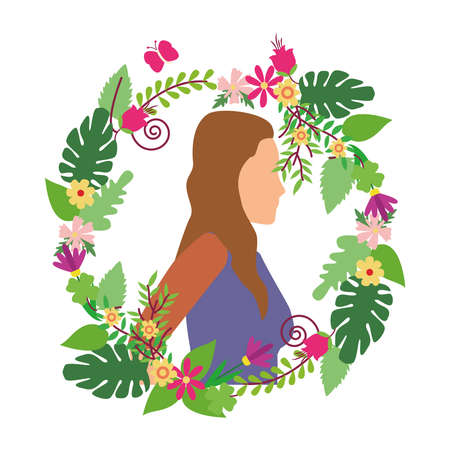 young woman casual in floral wreath avatar character vector illustration designのイラスト素材