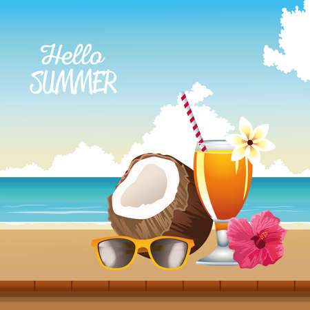 hello summer seasonal scene with tropical cocktail and coconut vector illustration designのイラスト素材