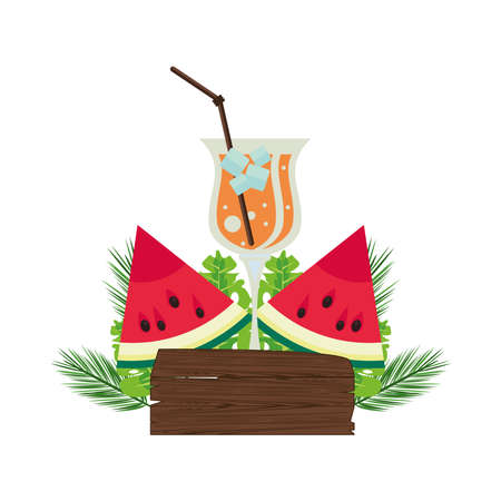 label wooden signal with watermelon and tropical cocktail vector illustration designのイラスト素材