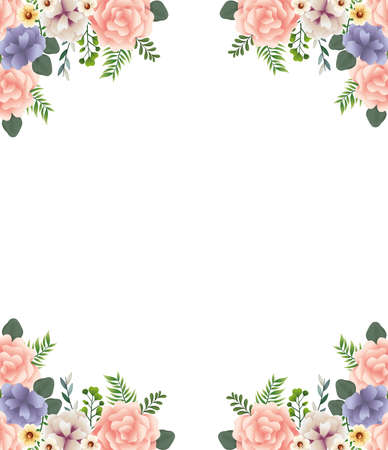 beautiful flowers and leafs decoraive frame with white background vector illustration designのイラスト素材