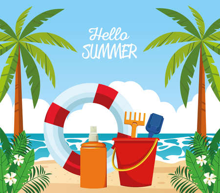 hello summer seasonal scene with lifeguard float and sandbucket vector illustration designのイラスト素材