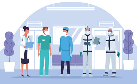 group of doctors staff wearing medical mask in the hospital place vector illustration designのイラスト素材