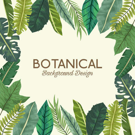 tropical leafs in square frame and lettering botanical background design vector illustration designのイラスト素材