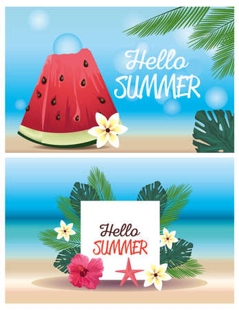 hello summer season holiday with watermelon and flowers vector illustration designのイラスト素材