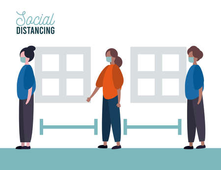 group of people wearing medical mask practicing social distance vector illustration designのイラスト素材