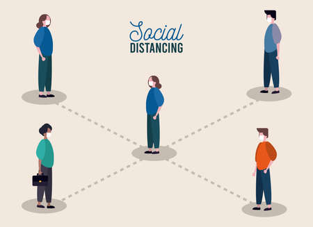 group of people wearing medical mask practicing social distance vector illustration designのイラスト素材
