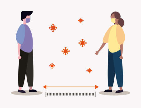 couple wearing medical mask practicing social distance vector illustration designのイラスト素材