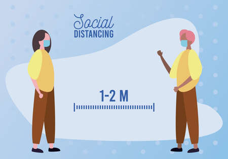 couple wearing medical mask practicing social distance vector illustration designのイラスト素材