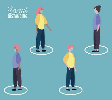 group of people wearing medical mask practicing social distance vector illustration designのイラスト素材