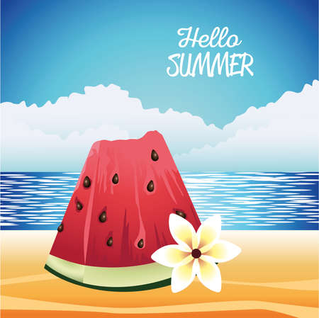 hello summer seasonal scene with watermelon and flower vector illustration designのイラスト素材