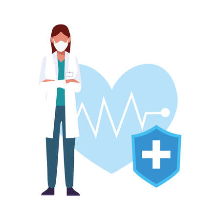 young female doctor wearing medical mask with heart cardio vector illustration designのイラスト素材