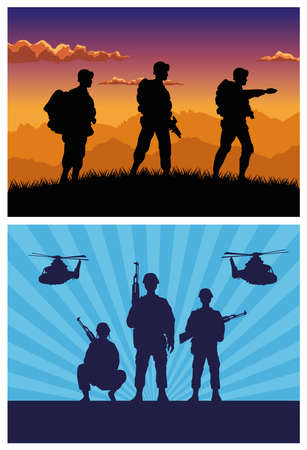 military soldiers with guns and helicopters silhouettes vector illustration designのイラスト素材