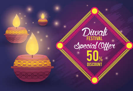 Diwali Festival Indian Offer Design with candles and offer seal, vector illustrationの写真素材