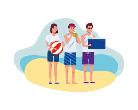 young people wearing beach suits with ball and fridge box vector illustration designのイラスト素材