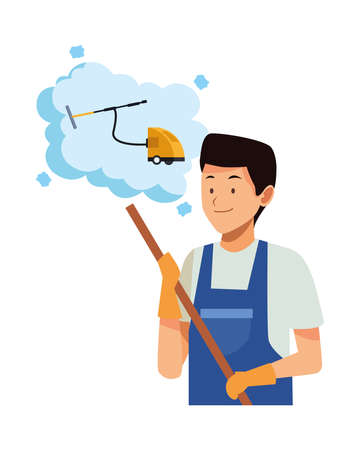 housekeeping male worker with broom thinking in vacuum cleaner vector illustration designのイラスト素材