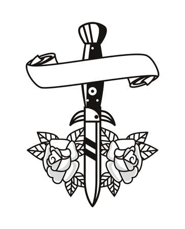 beautiful roses flowers tattoo with sword vector illustration designのイラスト素材