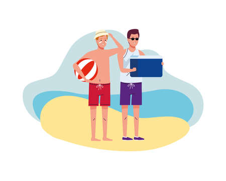 men wearing beach suits with ball and fridge box characters vector illustration designのイラスト素材