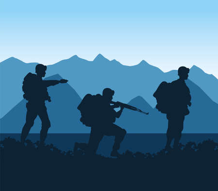 soldiers figures silhouettes in the camp scene vector illustration designのイラスト素材