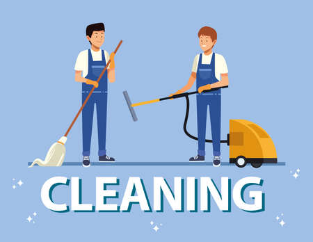 housekeeping team male workers with equipment tools vector illustration designのイラスト素材
