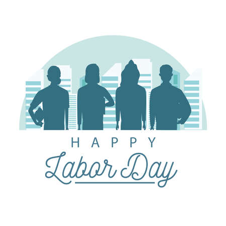 happy labor day celebration with workers silhouette on the city vector illustration designのイラスト素材