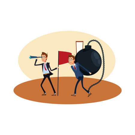 elegant businessmen with telescope and fetter slave comic characters vector illustration designのイラスト素材