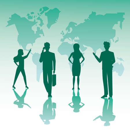 group of business people teamwork silhouettes and earth planet maps vector illustration designのイラスト素材