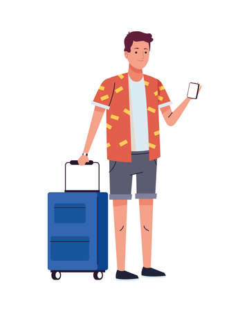 young tourist man with suitcase using smartphone character vector illustration designのイラスト素材