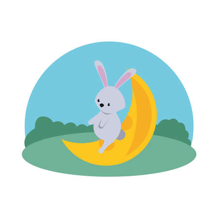 cute rabbit with moon easter season in camp vector illustration designのイラスト素材