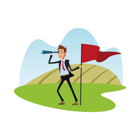 elegant businessman with telescope and success flag comic character icon vector illustration designのイラスト素材