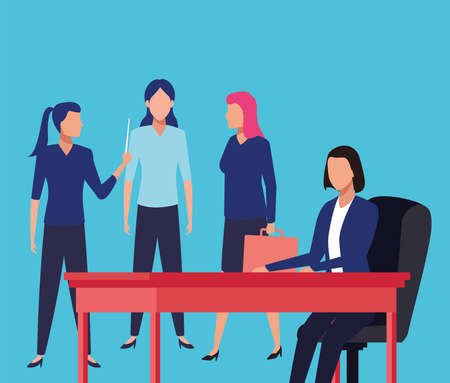 group of business women teamwork in table characters vector illustration designのイラスト素材