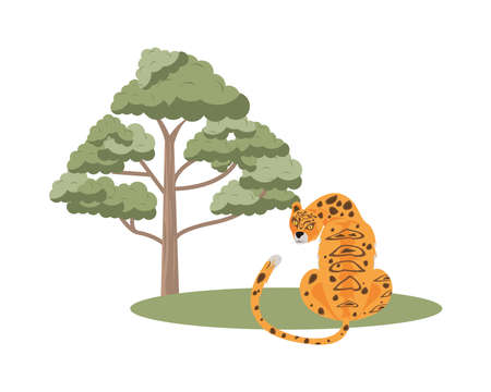 wild leopard feline beast with tree vector illustration designのイラスト素材