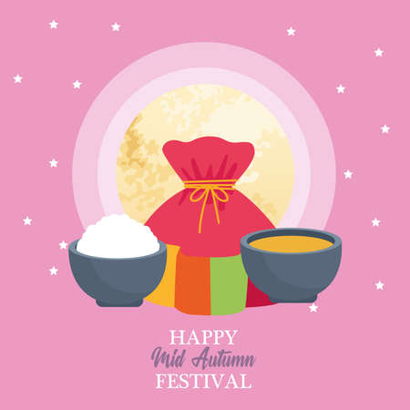 happy mid autumn festival with food and bag vector illustration designのイラスト素材