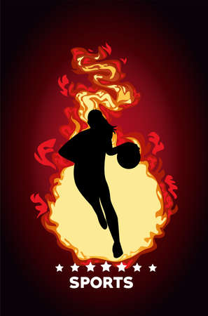 athletic woman practicing basketball sport silhouette on fire vector illustration designのイラスト素材