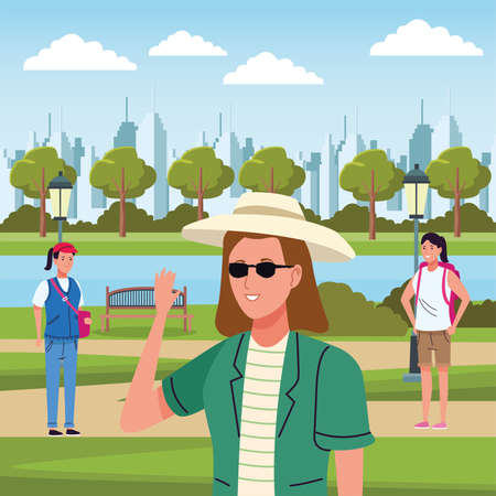 group of tourist girls doing activities in the camp vector illustration designのイラスト素材