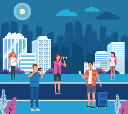 group of tourist people doing activities on the city vector illustration designのイラスト素材