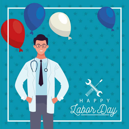 happy labor day celebration with male doctor worker vector illustration designのイラスト素材
