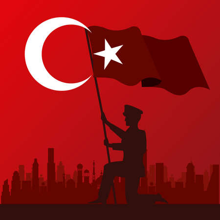 zafer bayrami celebration with turkey soldier waving flag vector illustration designのイラスト素材