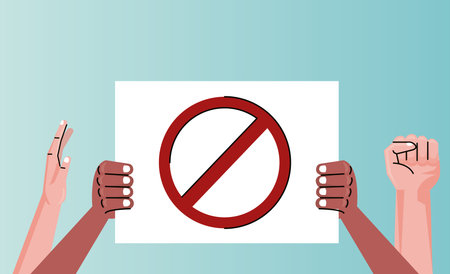 afro hands human protesting lifting banner empty in yellow background vector illustration designのイラスト素材